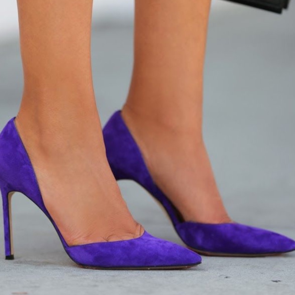 Zu faux suede purple heels with silver stiletto heel.